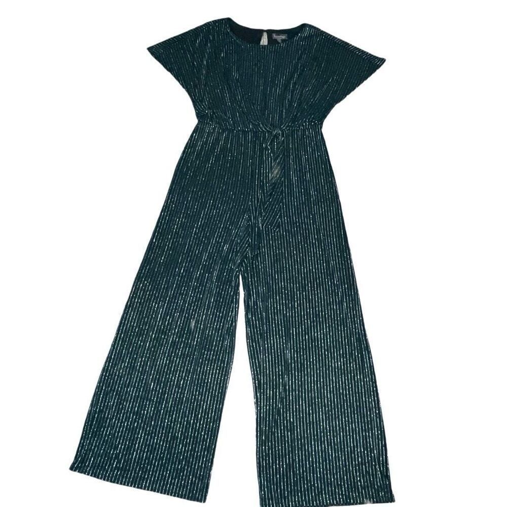Luxology Womens Large Jumpsuit Green Metallic Wide Leg Tie Waist Holiday NWT
